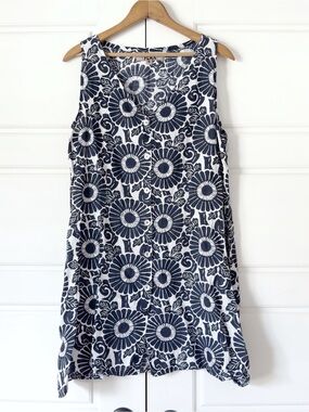 FLAX Floral Linen Shift Dress Womens Small Blue White Sleeveless Button Up